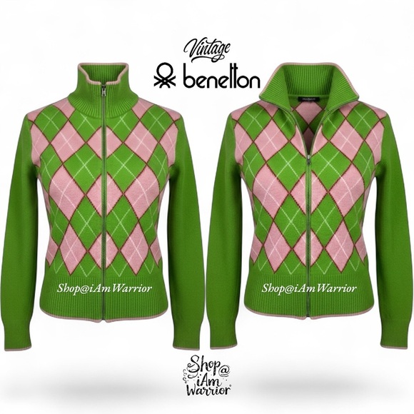 Vintage Benetton Pink & Green Argyle Full Zip Mock Neck Cardigan *iamwarrior - Picture 3 of 8